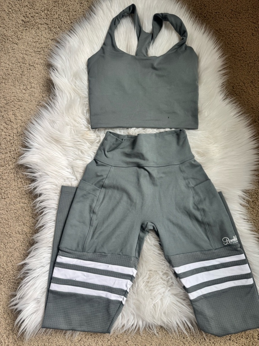 Bombshell Sportswear Gray Cropped Sports Bra & Striped Leggings Set